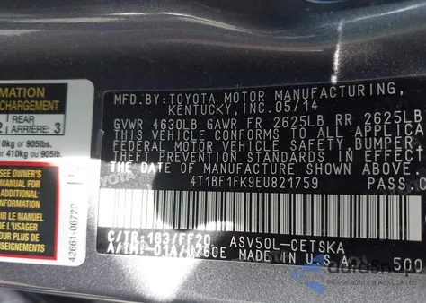 2014 Toyota Camry Se z USA, uszkodzony, nr VIN 4T1BF1FK9EU821759